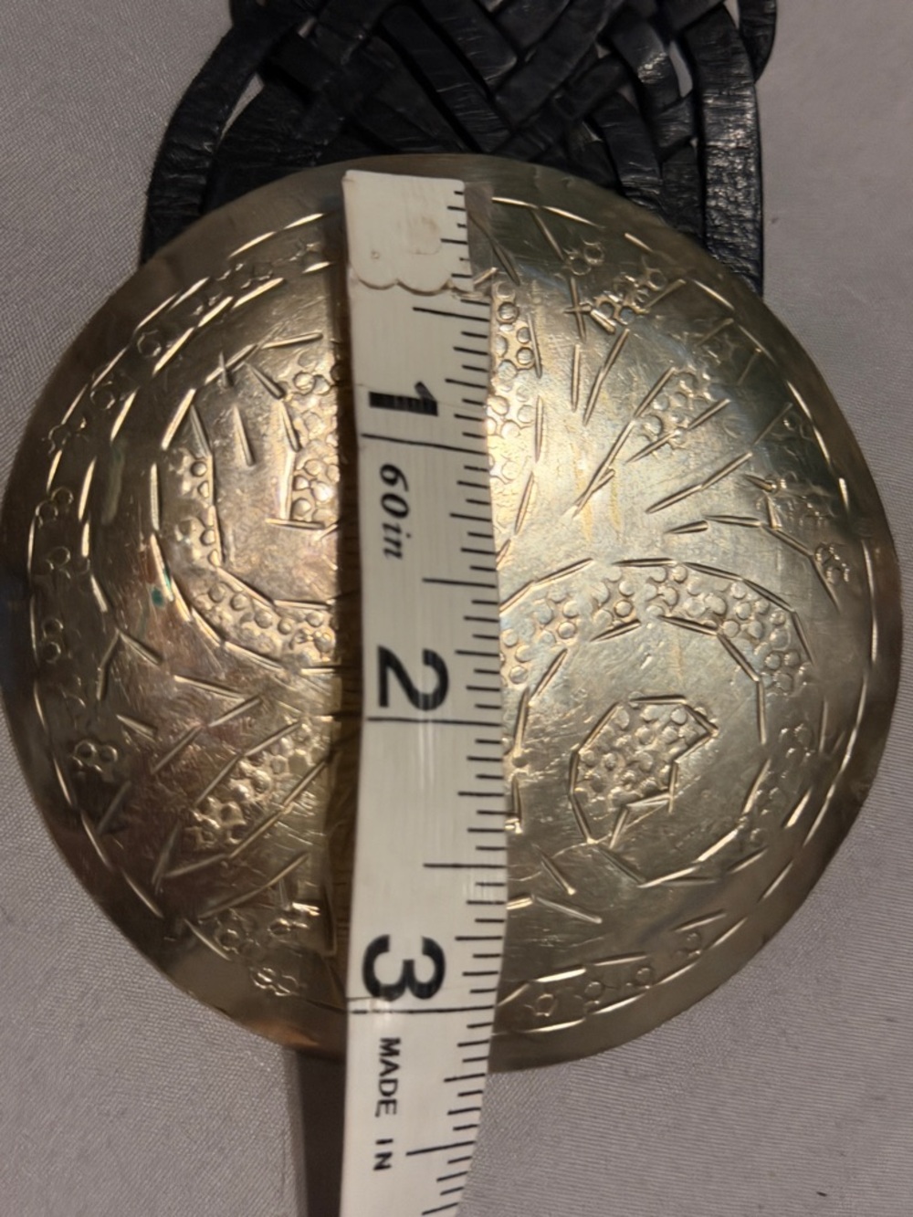 Vintage Wide Black Woven Leather Belt Gold Medallion Buckle Boho Western  M/L - Picture 6 of 9